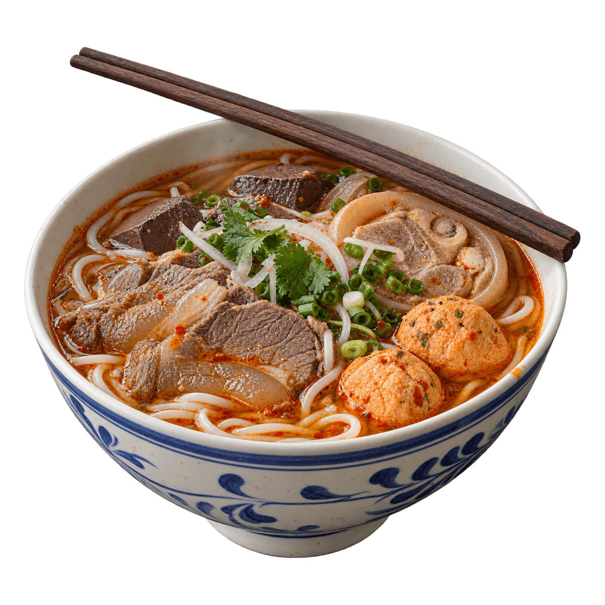 Tô bún bò Huế nóng với giò heo, chả cua và rau thơm